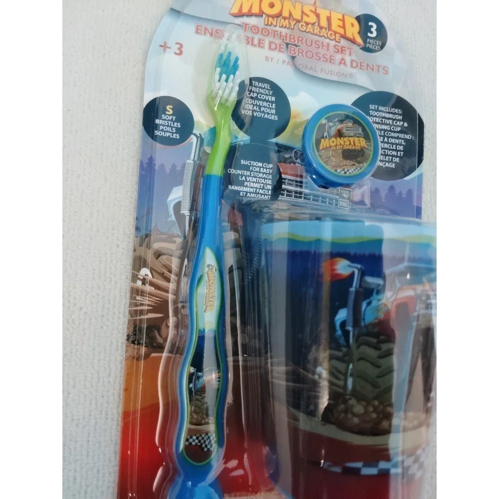 Monster In My Garage Kids Toothbrush Set Soft Nylon Bristles Cup Cap Blue Green